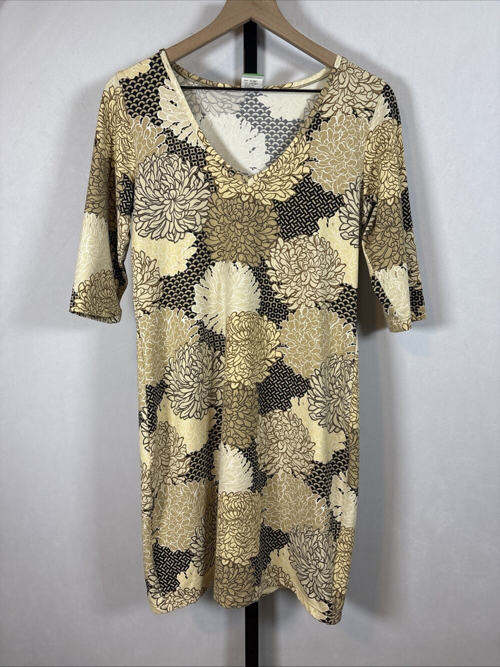 Manuel Canovas Paris Floral Dress Womens 12 Beige Stretch 3/4 Sleeve Art to Wear